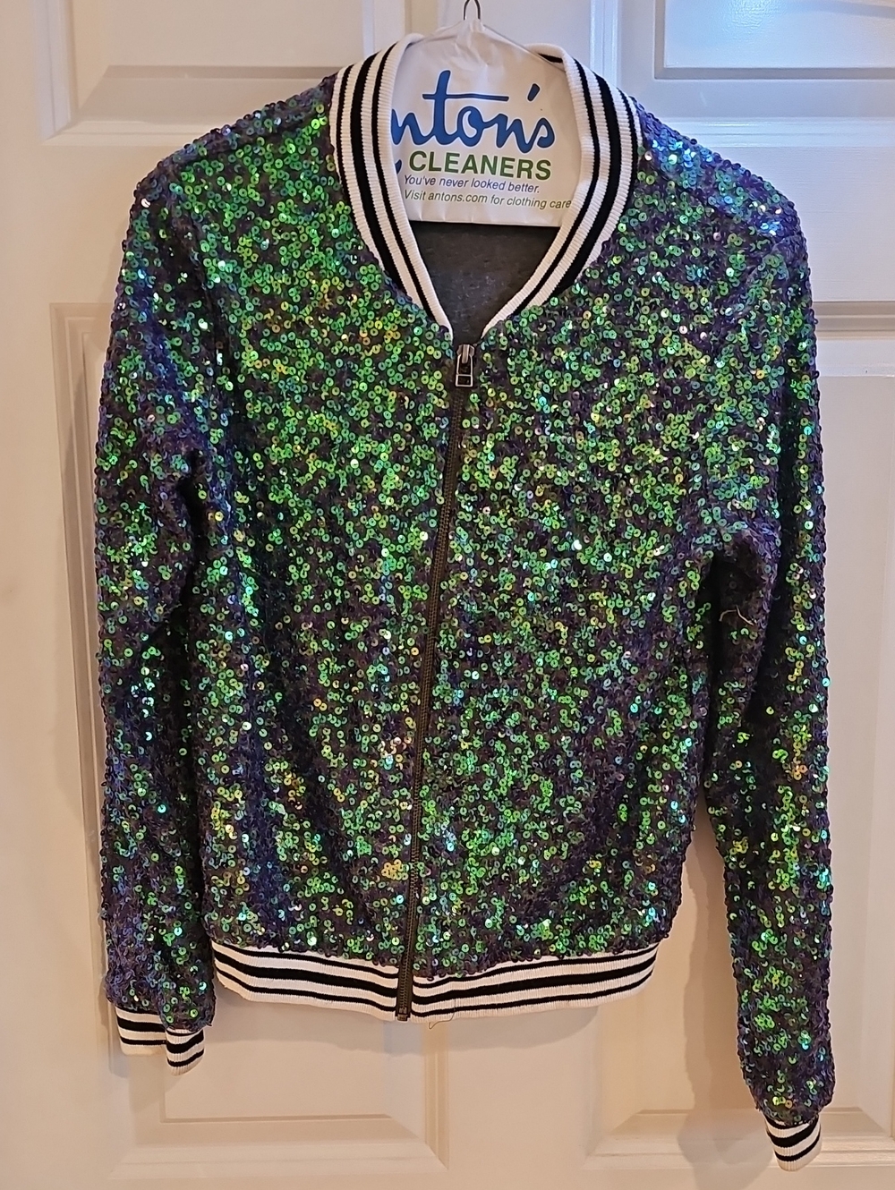 Iridescent Green Sequin Bomber Jacket with Striped Trim Girls XL